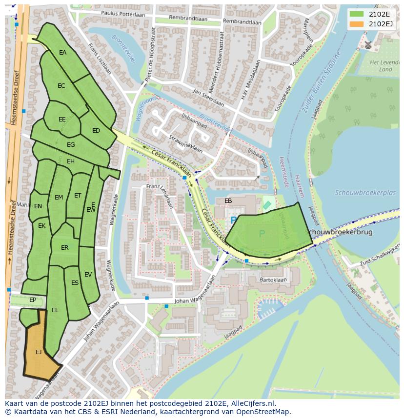 Afbeelding van het postcodegebied 2102 EJ op de kaart.