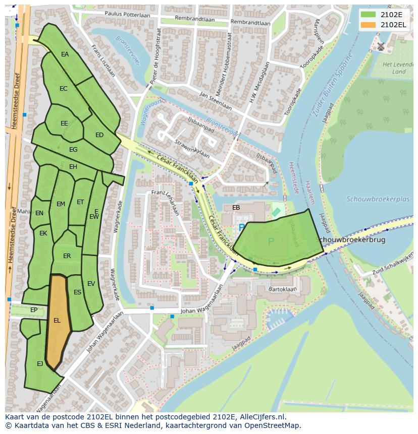 Afbeelding van het postcodegebied 2102 EL op de kaart.