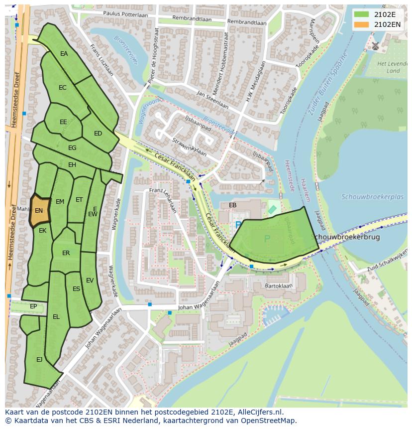 Afbeelding van het postcodegebied 2102 EN op de kaart.