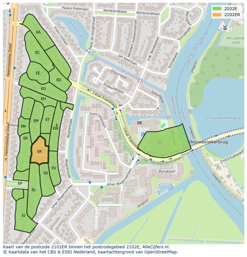 Afbeelding van het postcodegebied 2102 ER op de kaart.