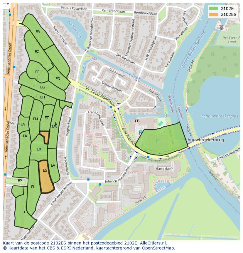 Afbeelding van het postcodegebied 2102 ES op de kaart.