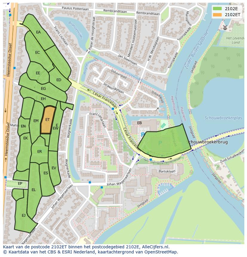 Afbeelding van het postcodegebied 2102 ET op de kaart.