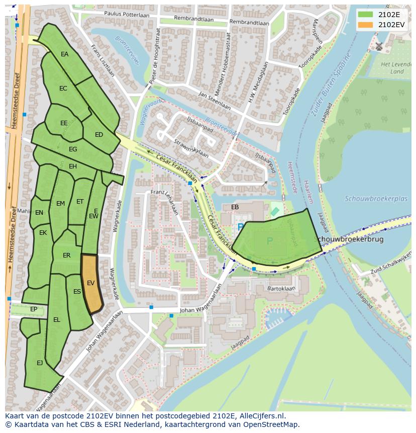Afbeelding van het postcodegebied 2102 EV op de kaart.