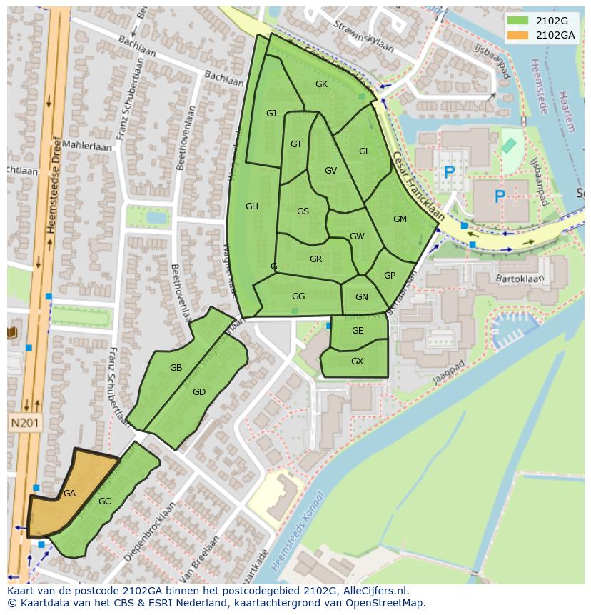 Afbeelding van het postcodegebied 2102 GA op de kaart.