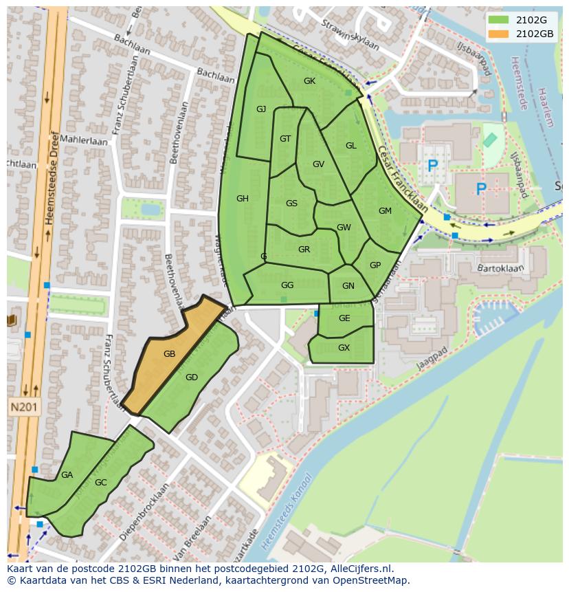 Afbeelding van het postcodegebied 2102 GB op de kaart.