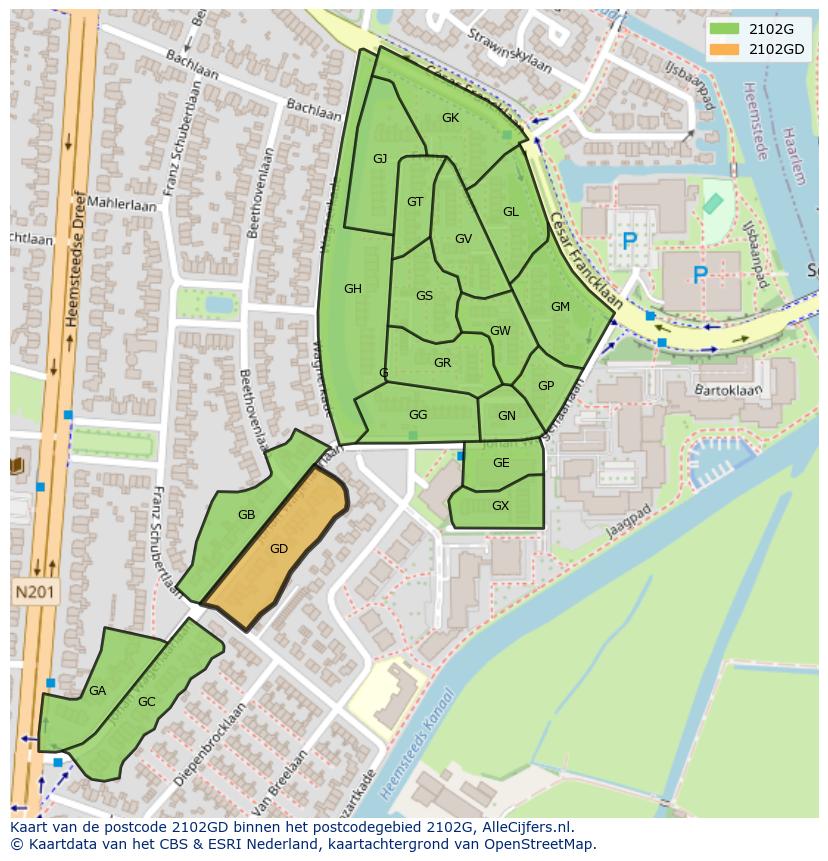 Afbeelding van het postcodegebied 2102 GD op de kaart.