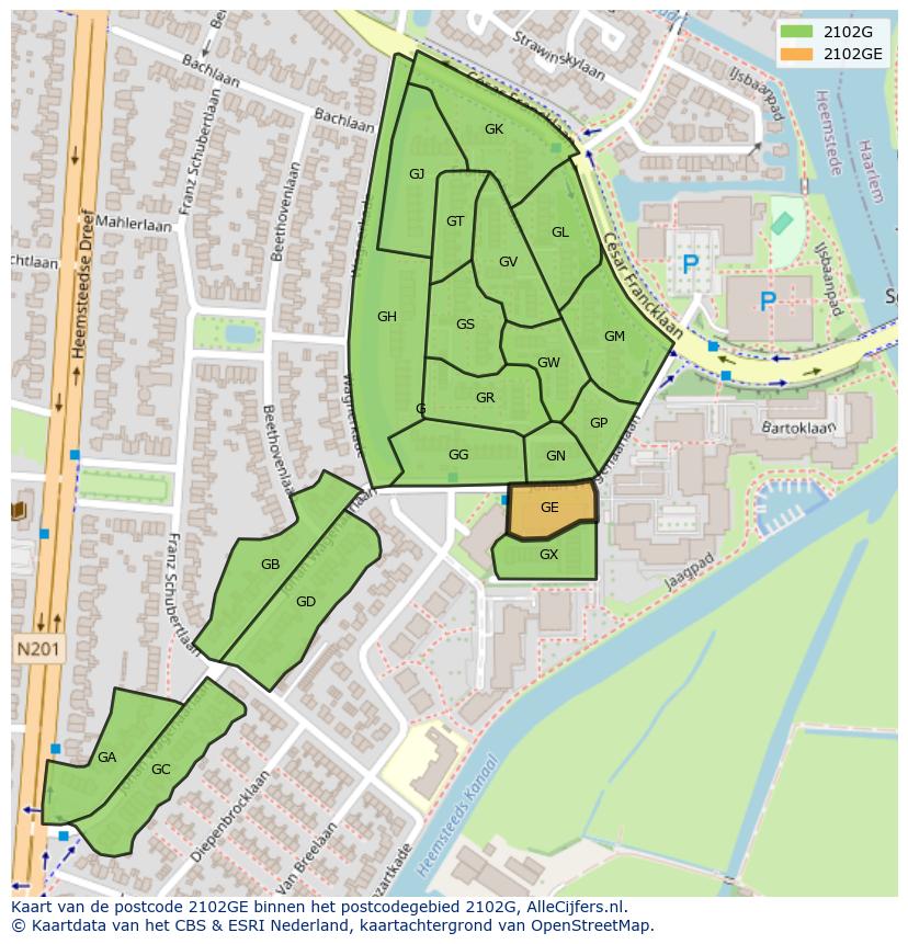 Afbeelding van het postcodegebied 2102 GE op de kaart.