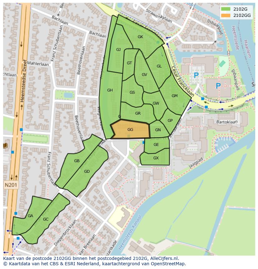 Afbeelding van het postcodegebied 2102 GG op de kaart.