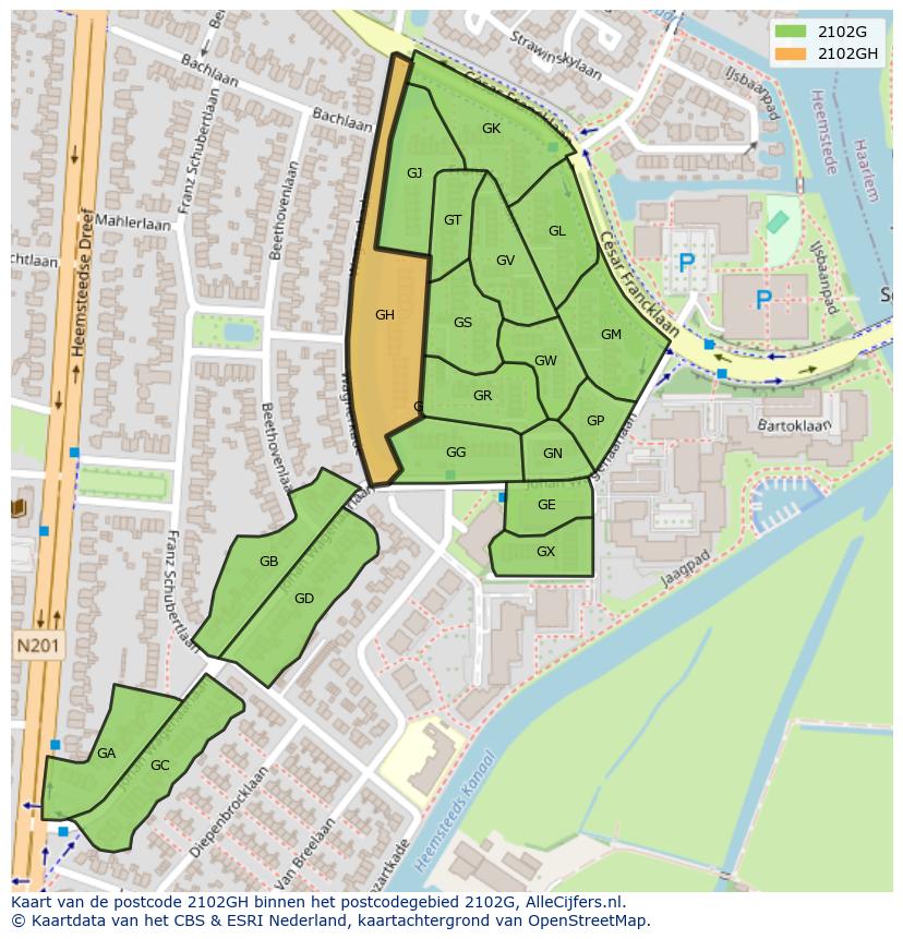 Afbeelding van het postcodegebied 2102 GH op de kaart.