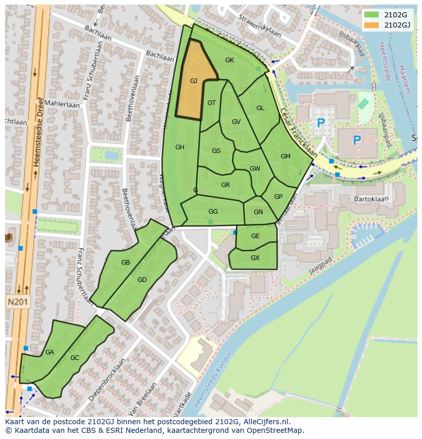 Afbeelding van het postcodegebied 2102 GJ op de kaart.