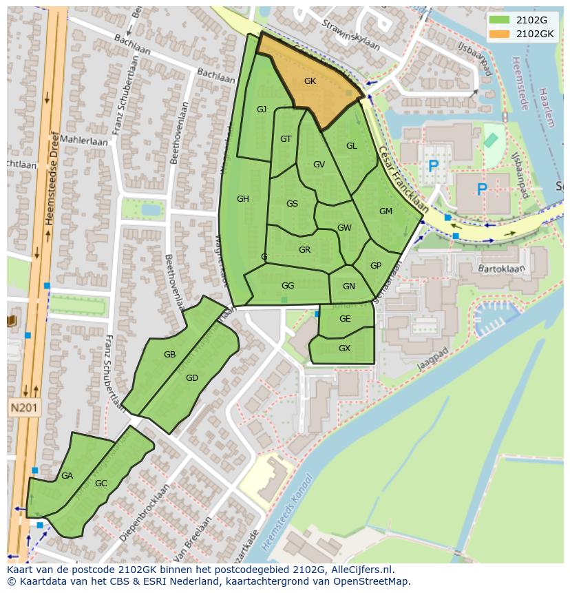 Afbeelding van het postcodegebied 2102 GK op de kaart.