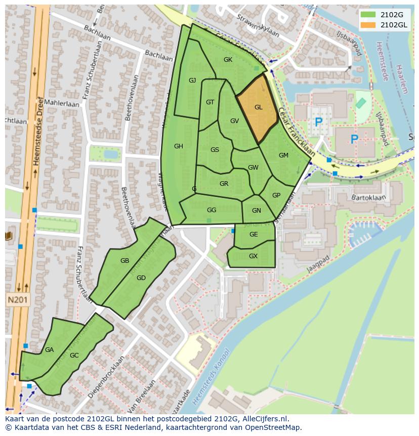 Afbeelding van het postcodegebied 2102 GL op de kaart.