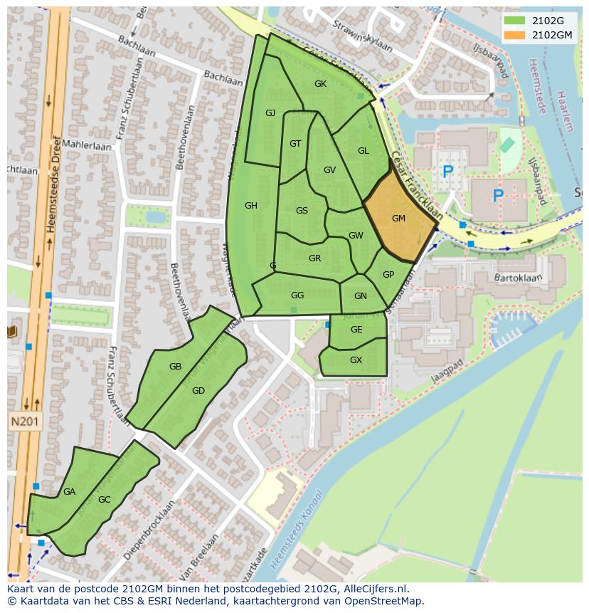 Afbeelding van het postcodegebied 2102 GM op de kaart.