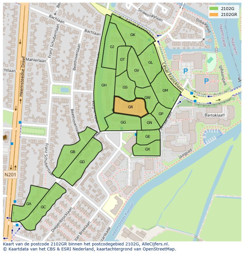 Afbeelding van het postcodegebied 2102 GR op de kaart.