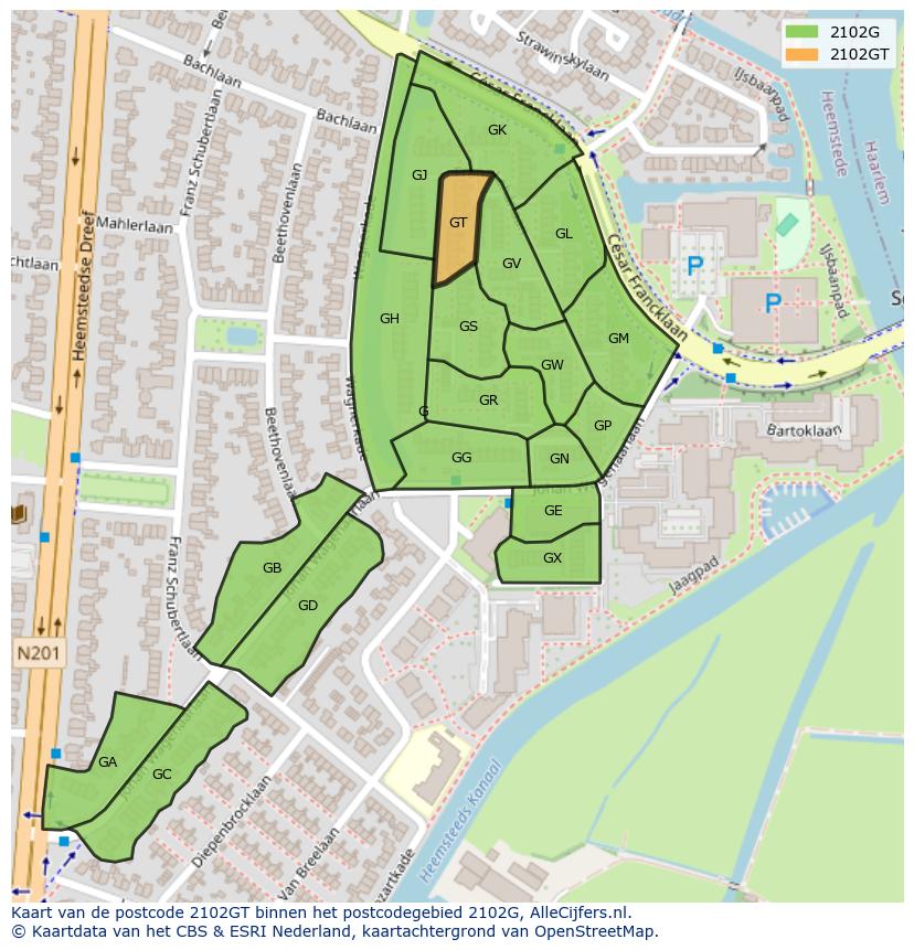 Afbeelding van het postcodegebied 2102 GT op de kaart.