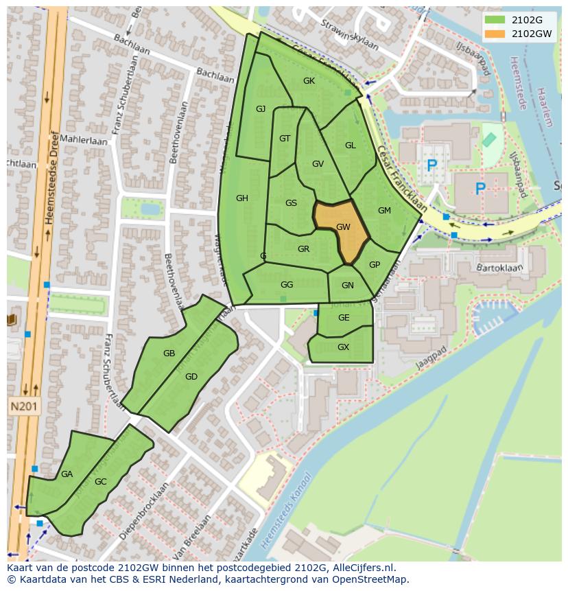 Afbeelding van het postcodegebied 2102 GW op de kaart.