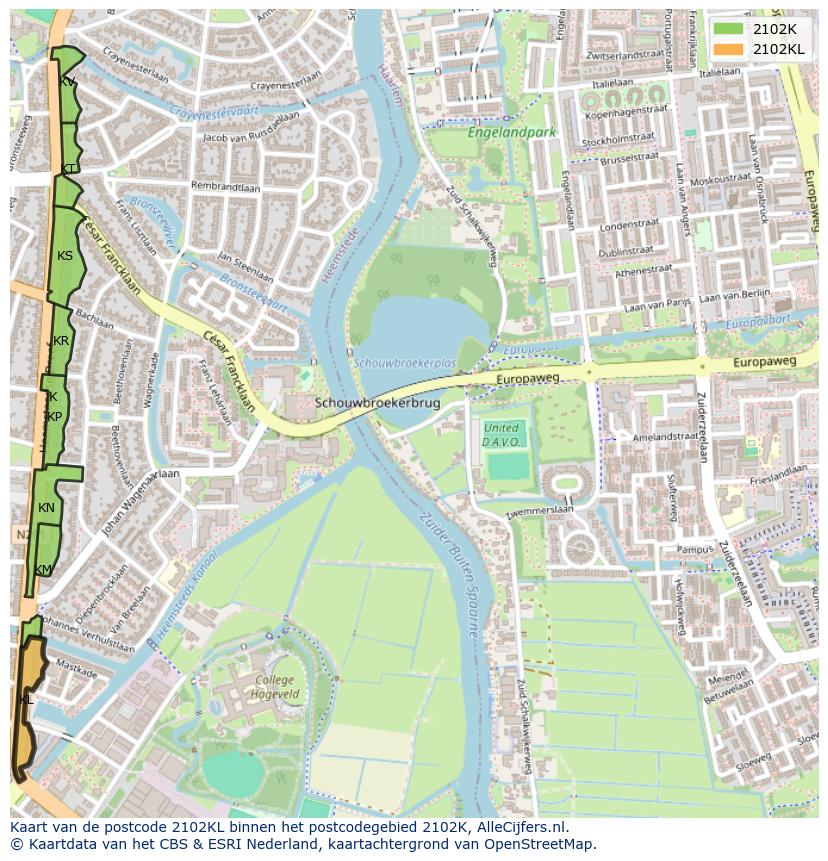 Afbeelding van het postcodegebied 2102 KL op de kaart.