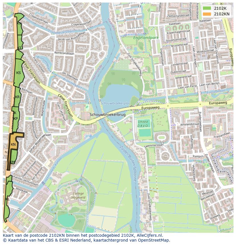 Afbeelding van het postcodegebied 2102 KN op de kaart.