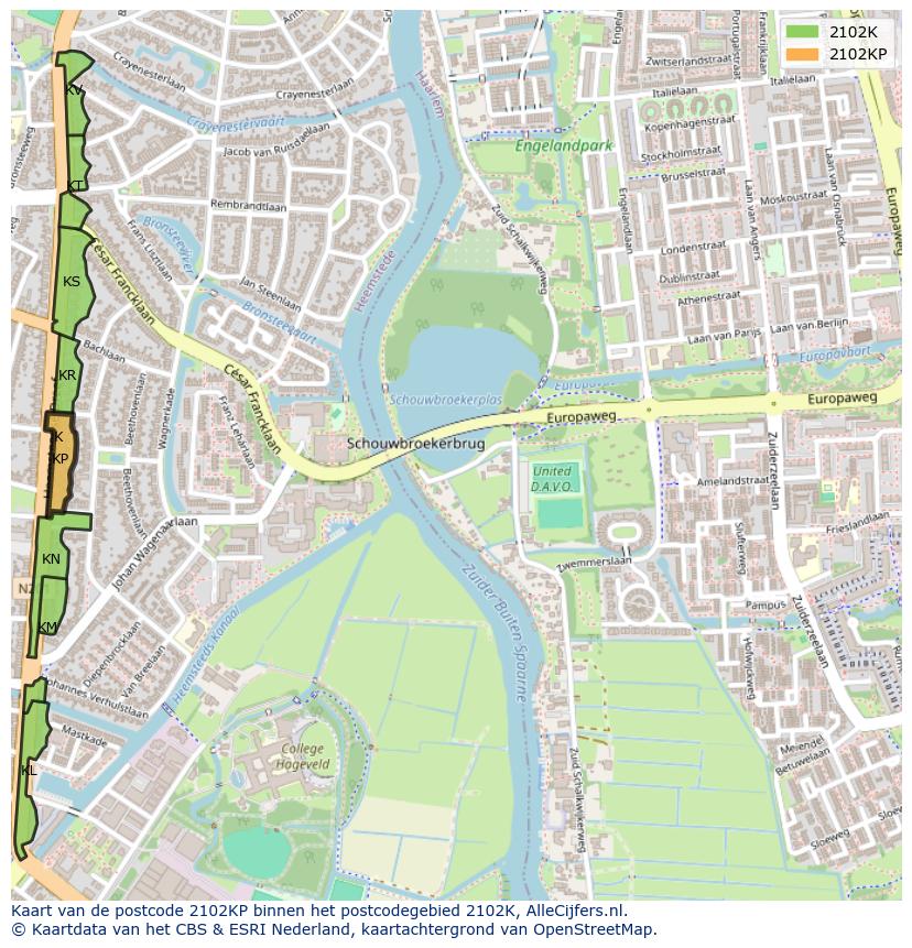 Afbeelding van het postcodegebied 2102 KP op de kaart.