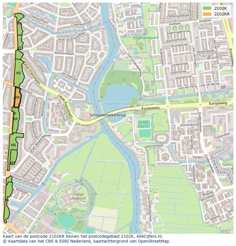 Afbeelding van het postcodegebied 2102 KR op de kaart.