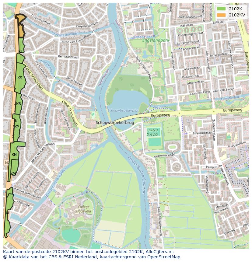 Afbeelding van het postcodegebied 2102 KV op de kaart.