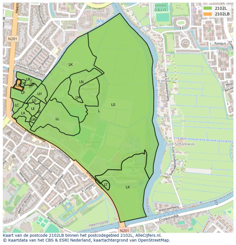 Afbeelding van het postcodegebied 2102 LB op de kaart.