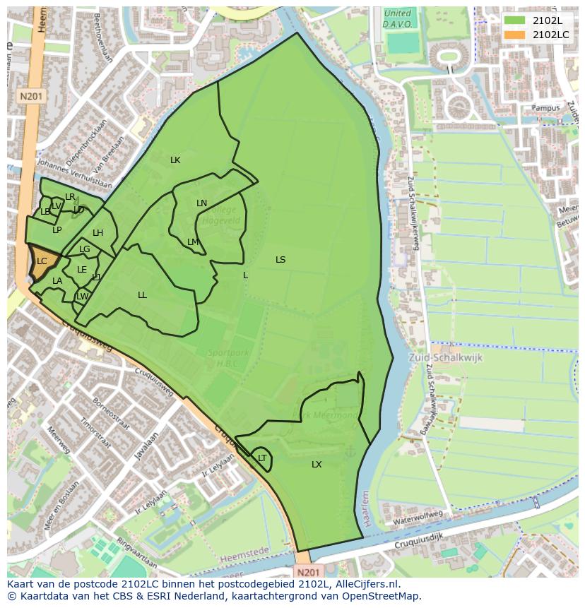 Afbeelding van het postcodegebied 2102 LC op de kaart.