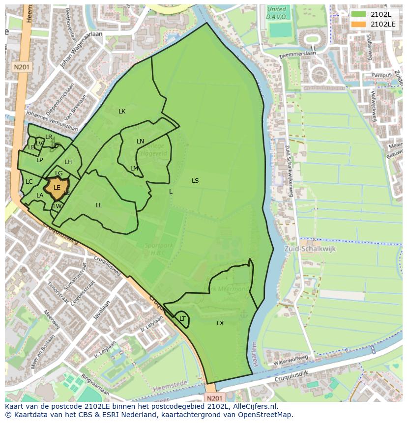 Afbeelding van het postcodegebied 2102 LE op de kaart.