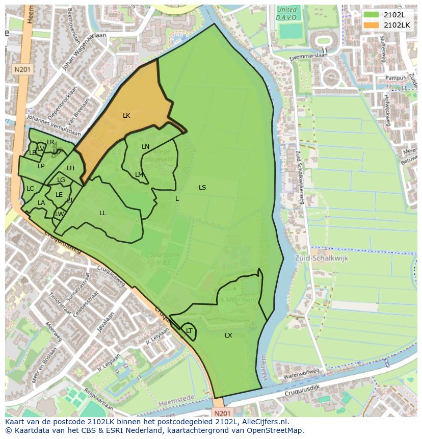 Afbeelding van het postcodegebied 2102 LK op de kaart.