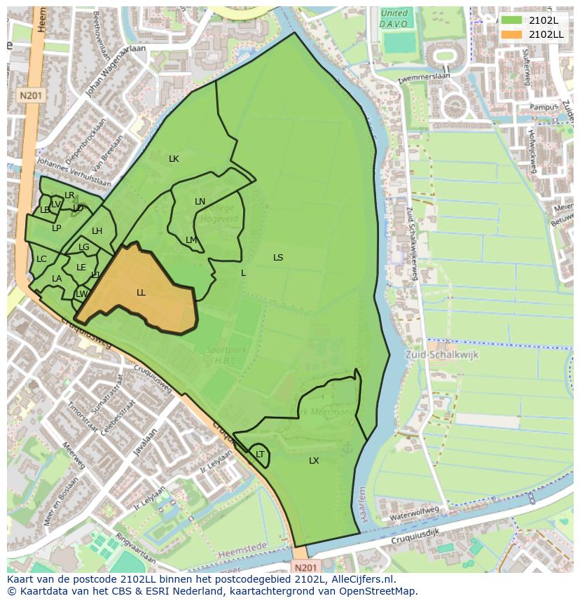 Afbeelding van het postcodegebied 2102 LL op de kaart.