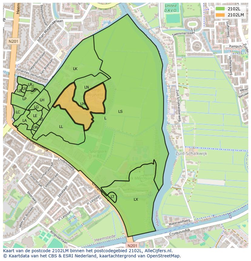 Afbeelding van het postcodegebied 2102 LM op de kaart.