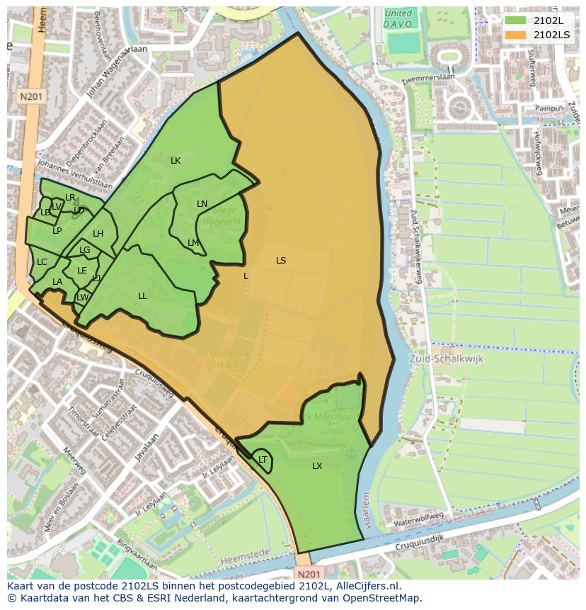 Afbeelding van het postcodegebied 2102 LS op de kaart.