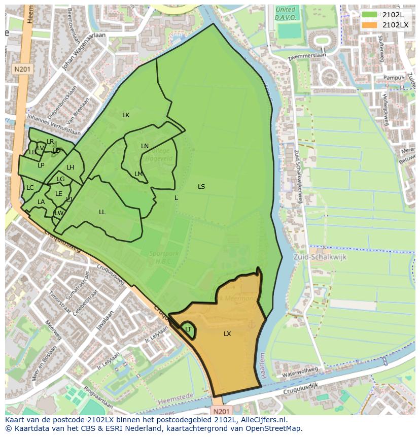 Afbeelding van het postcodegebied 2102 LX op de kaart.