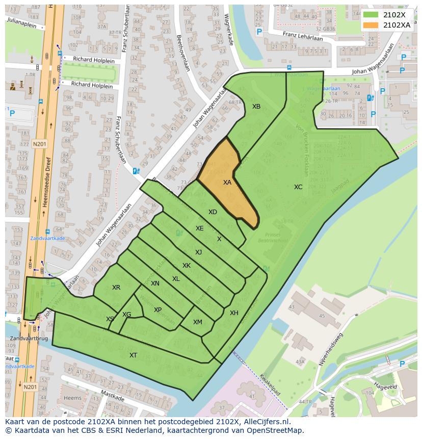Afbeelding van het postcodegebied 2102 XA op de kaart.