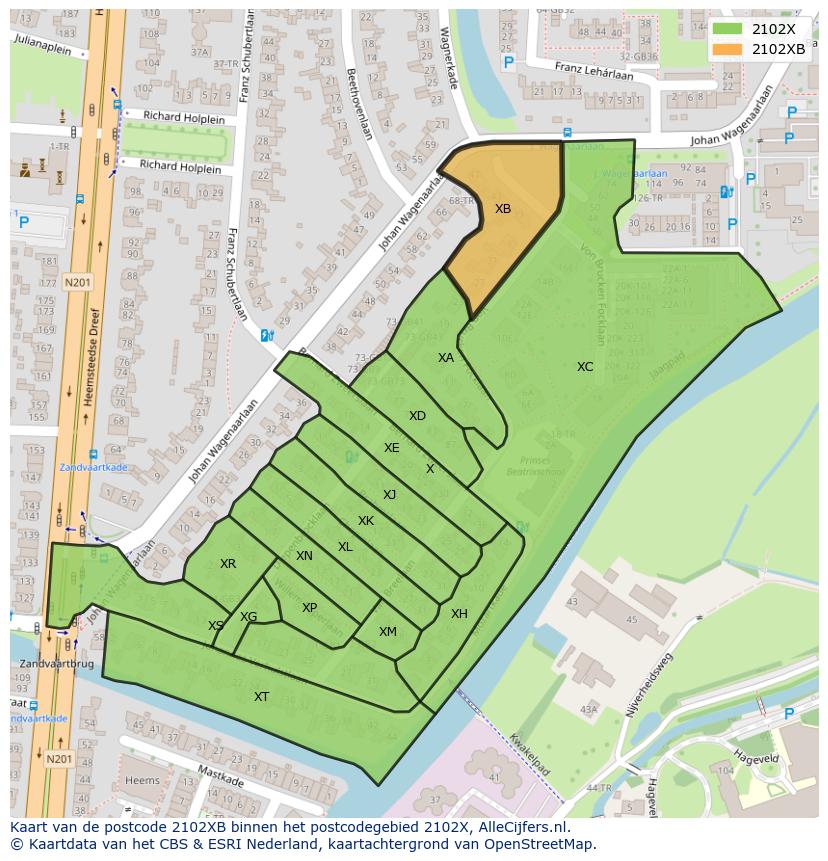 Afbeelding van het postcodegebied 2102 XB op de kaart.