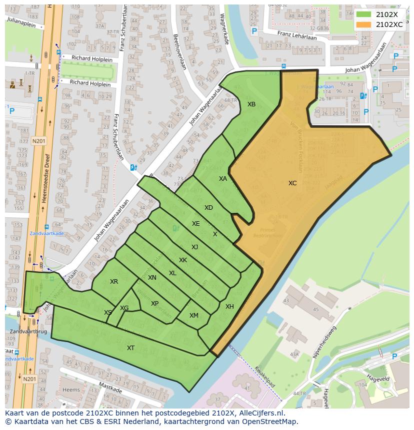Afbeelding van het postcodegebied 2102 XC op de kaart.
