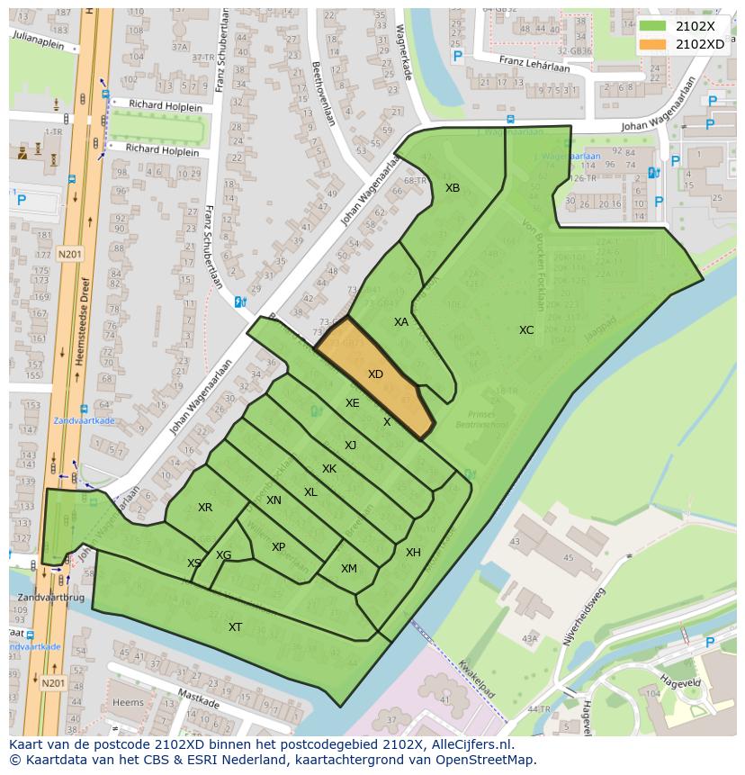 Afbeelding van het postcodegebied 2102 XD op de kaart.