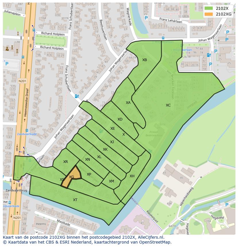 Afbeelding van het postcodegebied 2102 XG op de kaart.