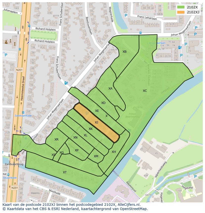 Afbeelding van het postcodegebied 2102 XJ op de kaart.