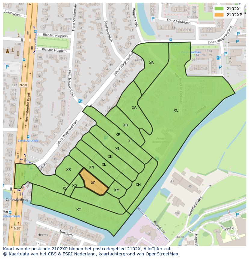 Afbeelding van het postcodegebied 2102 XP op de kaart.