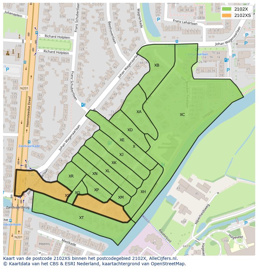 Afbeelding van het postcodegebied 2102 XS op de kaart.