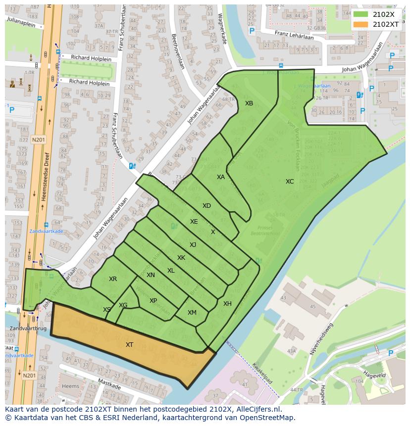 Afbeelding van het postcodegebied 2102 XT op de kaart.