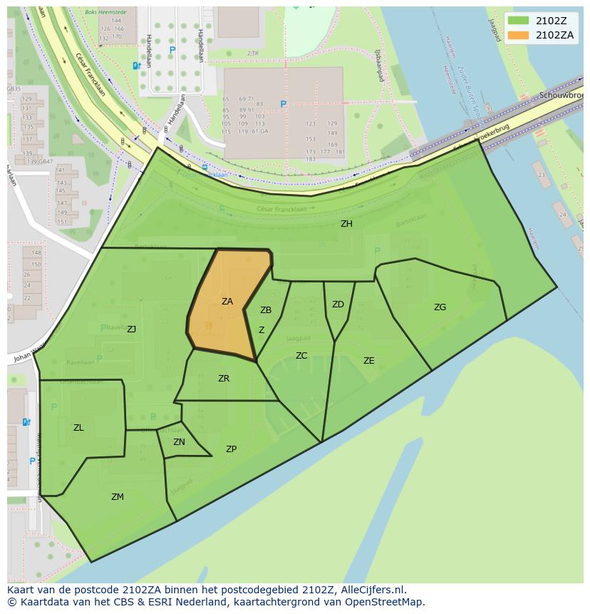 Afbeelding van het postcodegebied 2102 ZA op de kaart.
