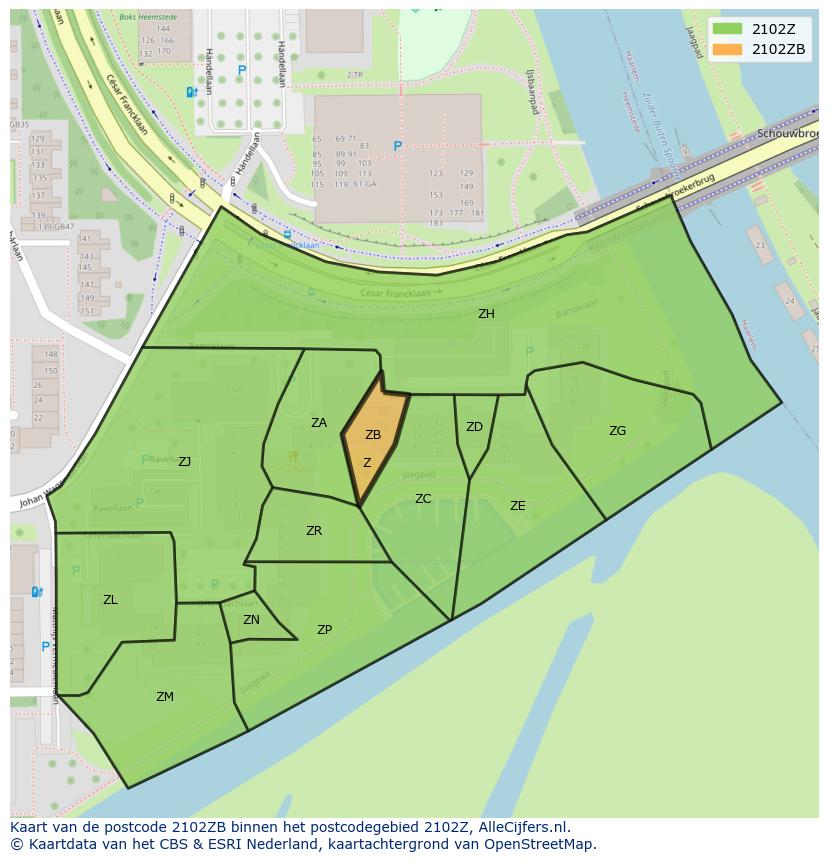 Afbeelding van het postcodegebied 2102 ZB op de kaart.