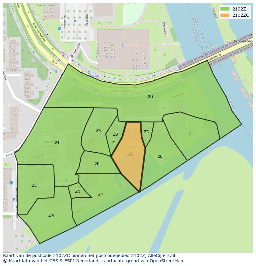 Afbeelding van het postcodegebied 2102 ZC op de kaart.