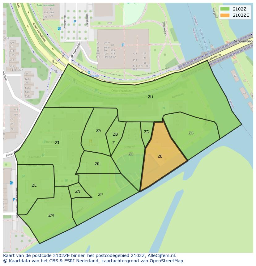 Afbeelding van het postcodegebied 2102 ZE op de kaart.