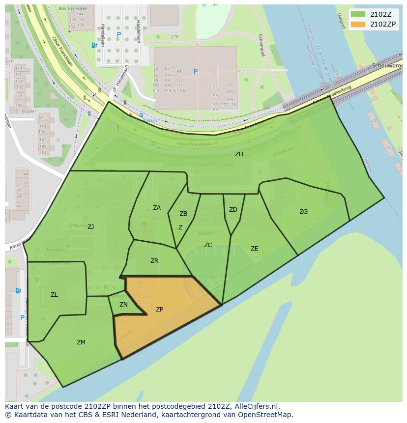 Afbeelding van het postcodegebied 2102 ZP op de kaart.