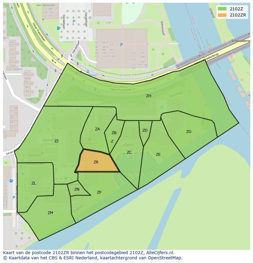 Afbeelding van het postcodegebied 2102 ZR op de kaart.