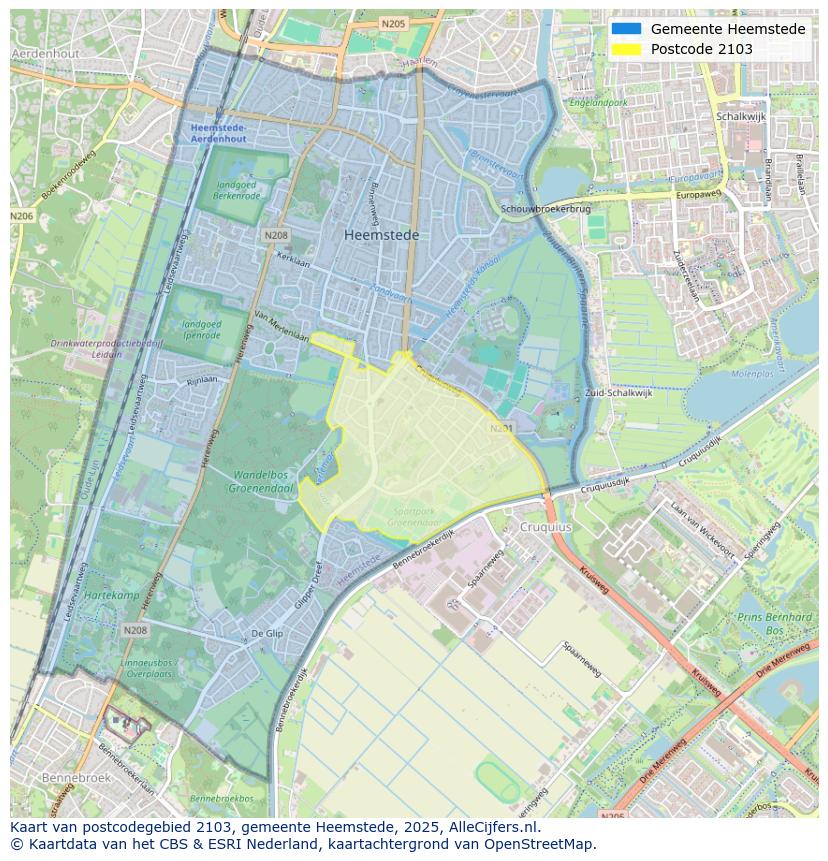 Afbeelding van het postcodegebied 2103 op de kaart.