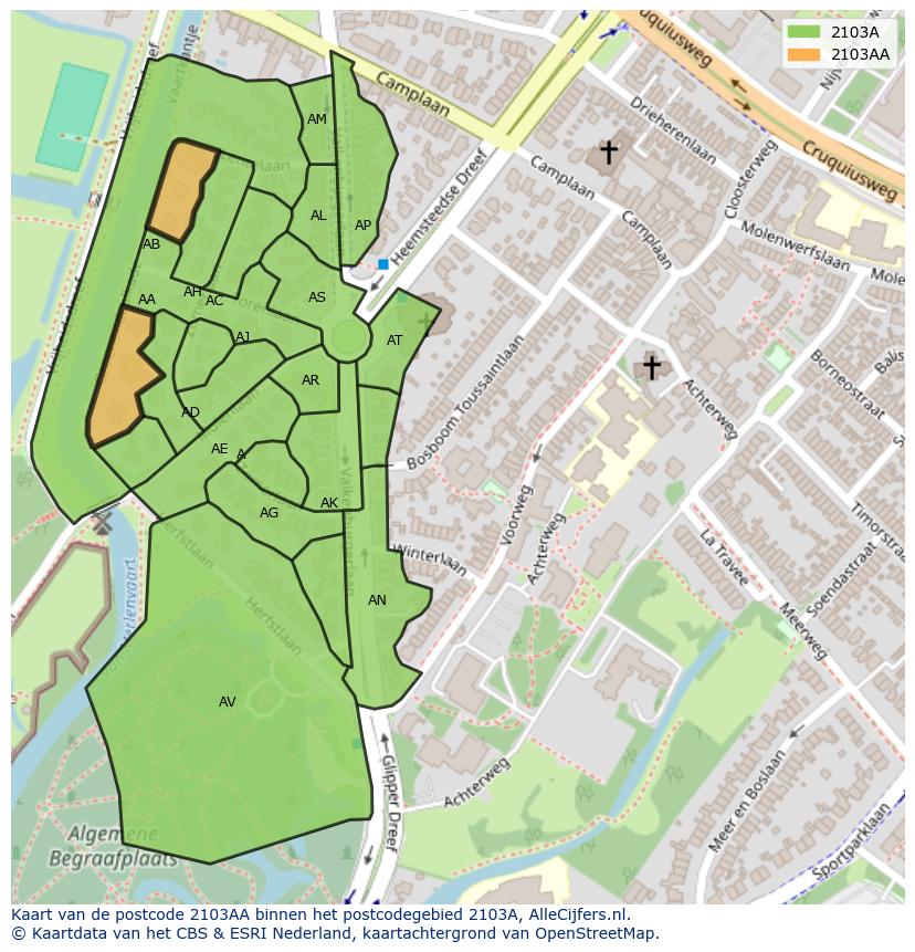 Afbeelding van het postcodegebied 2103 AA op de kaart.